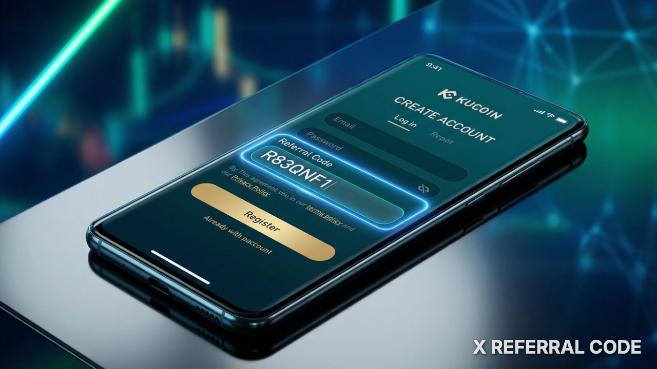 Giao diện đăng ký tài khoản KuCoin hiển thị ô nhập mã giới thiệu với mã R83QNF1 đã điền.