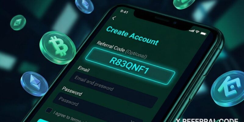 Ảnh chụp màn hình giao diện ứng dụng KuCoin hiển thị ô nhập mã giới thiệu R83QNF1 chuyên nghiệp.