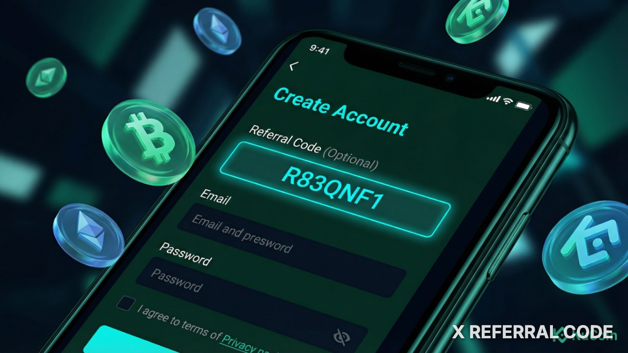 Ảnh chụp màn hình giao diện ứng dụng KuCoin hiển thị ô nhập mã giới thiệu R83QNF1 chuyên nghiệp.