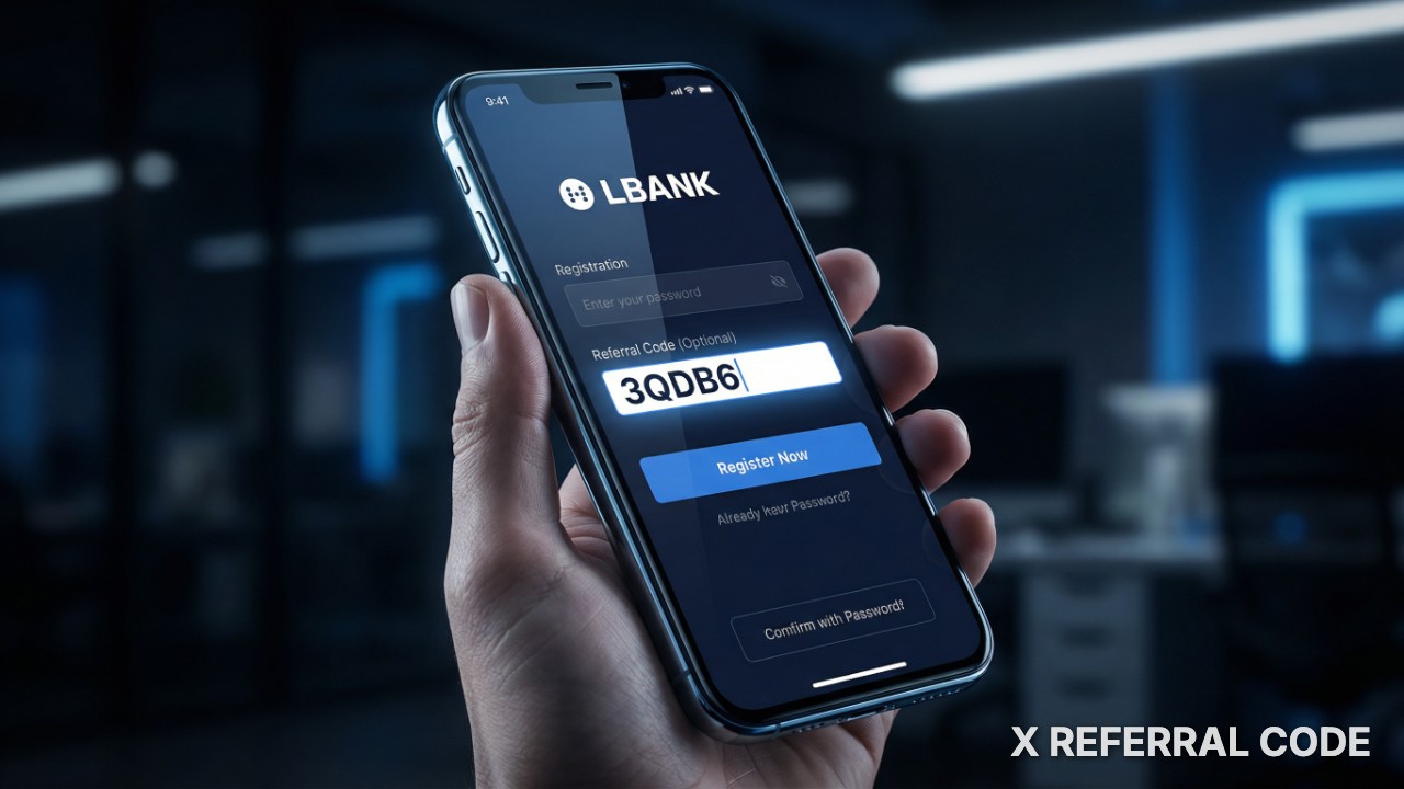Giao diện màn hình đăng ký tài khoản LBank với mã giới thiệu 3QDB6 được nhập vào ô Referral Code.