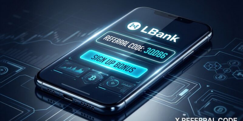Logo sàn giao dịch LBank hiển thị cùng mã giới thiệu 3QDB6 và thông tin ưu đãi đăng ký.