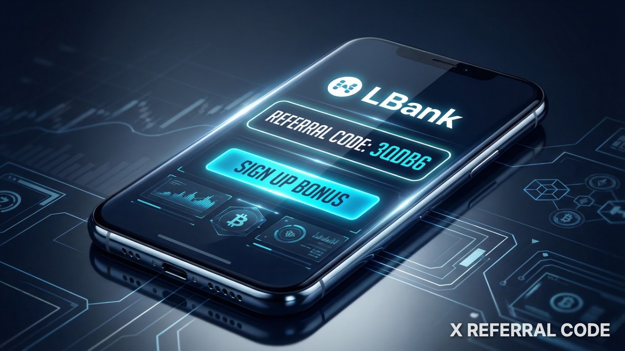 Logo sàn giao dịch LBank hiển thị cùng mã giới thiệu 3QDB6 và thông tin ưu đãi đăng ký.
