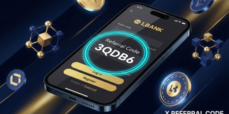 Giao diện biểu mẫu đăng ký tài khoản LBank với ô nhập mã giới thiệu được làm nổi bật chuyên nghiệp.