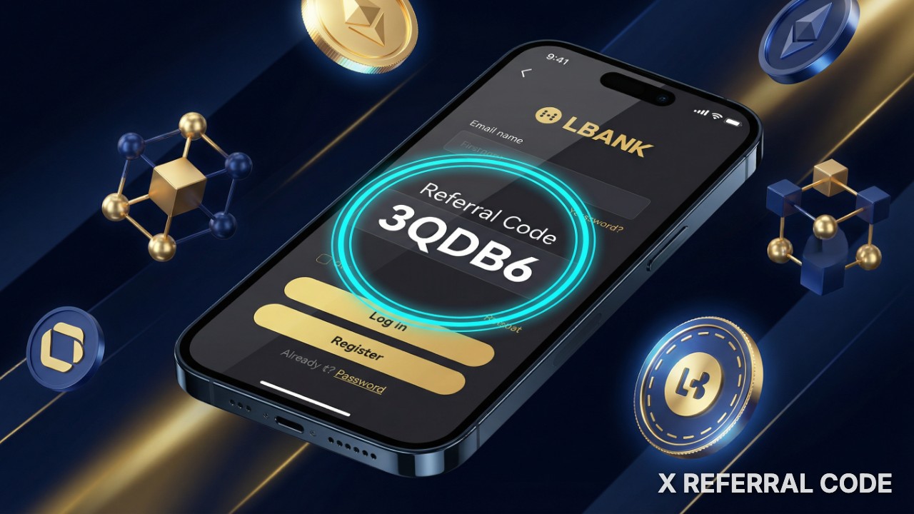 Giao diện biểu mẫu đăng ký tài khoản LBank với ô nhập mã giới thiệu được làm nổi bật chuyên nghiệp.