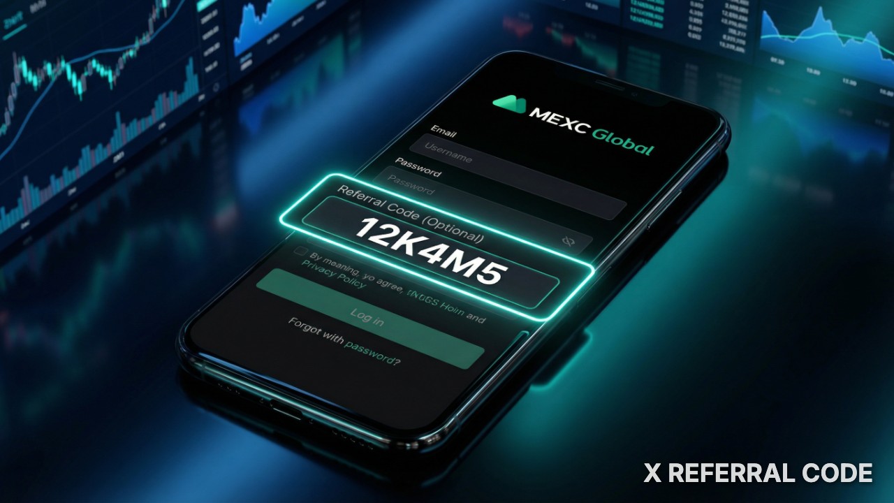 Giao diện màn hình đăng ký sàn MEXC hiển thị ô nhập mã giới thiệu 12K4M5 được khoanh vùng nổi bật