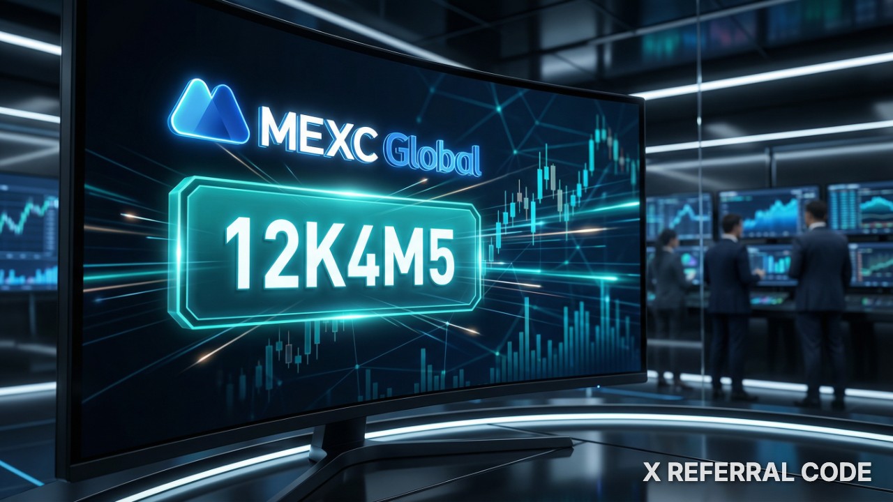 Logo MEXC Global và mã giới thiệu 12K4M5 được làm nổi bật trên giao diện chuyên nghiệp