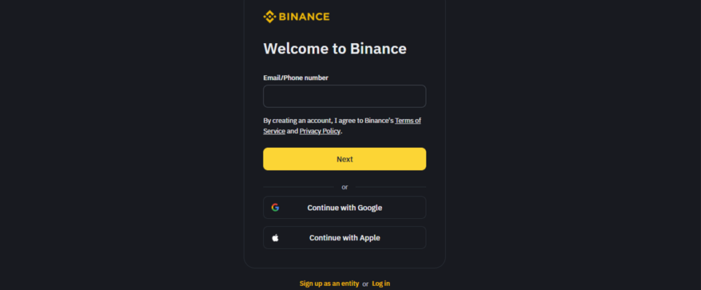 Open an account on Binance