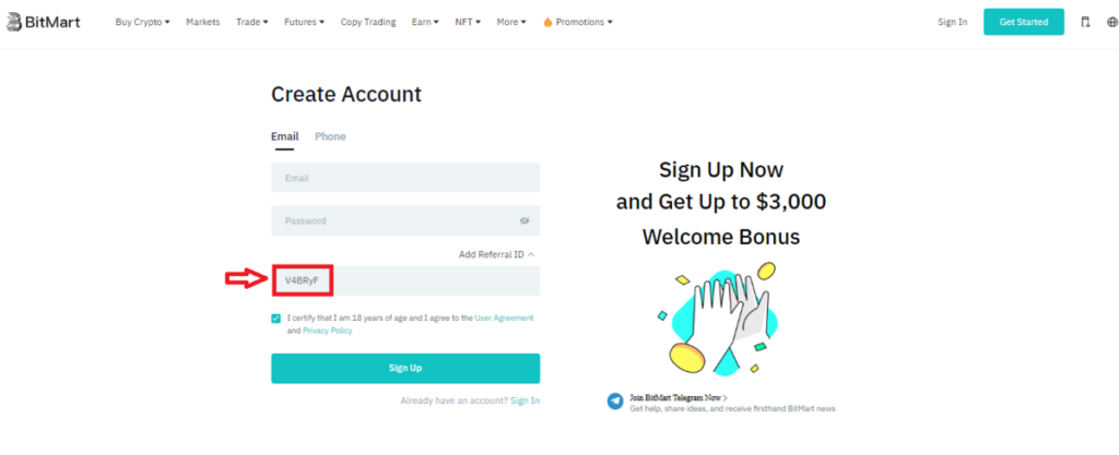 Create a BitMart account with the Code "V4BRyF"