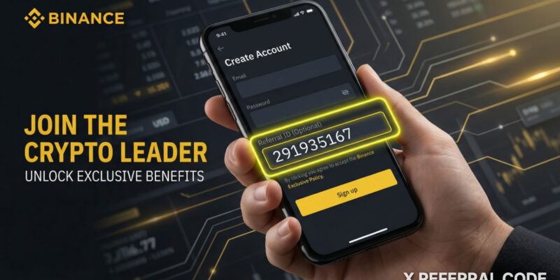 Màn hình đăng ký tài khoản Binance với ô nhập mã giới thiệu 291935167 được làm nổi bật chuyên nghiệp.