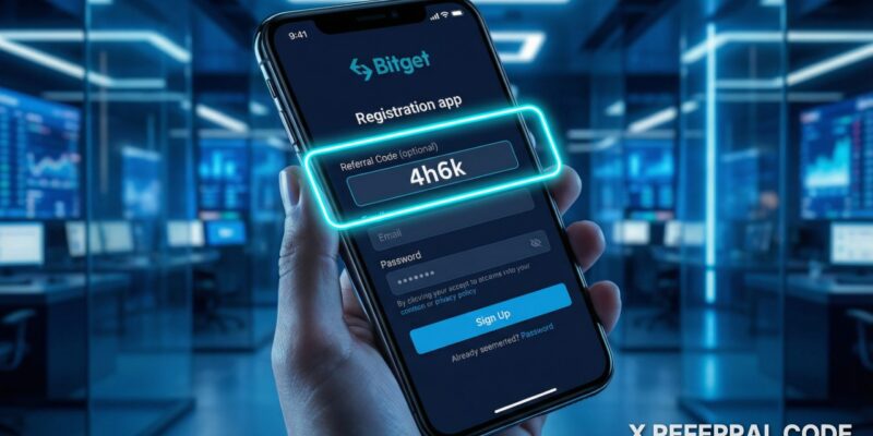 Giao diện biểu mẫu đăng ký tài khoản Bitget với ô nhập mã giới thiệu 4h6k được làm nổi bật chuyên nghiệp