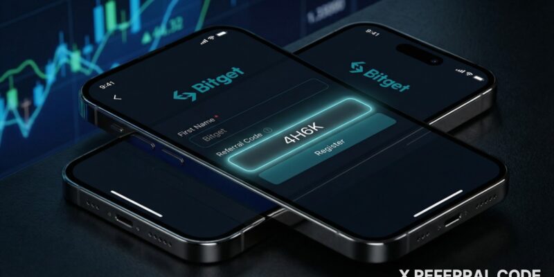 Giao diện biểu mẫu đăng ký tài khoản Bitget với ô nhập mã giới thiệu 4H6K được làm nổi bật chuyên nghiệp