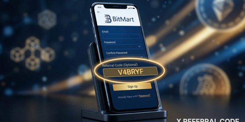 Giao diện biểu mẫu đăng ký tài khoản BitMart với ô nhập mã giới thiệu V4BRYF được làm nổi bật rõ nét.