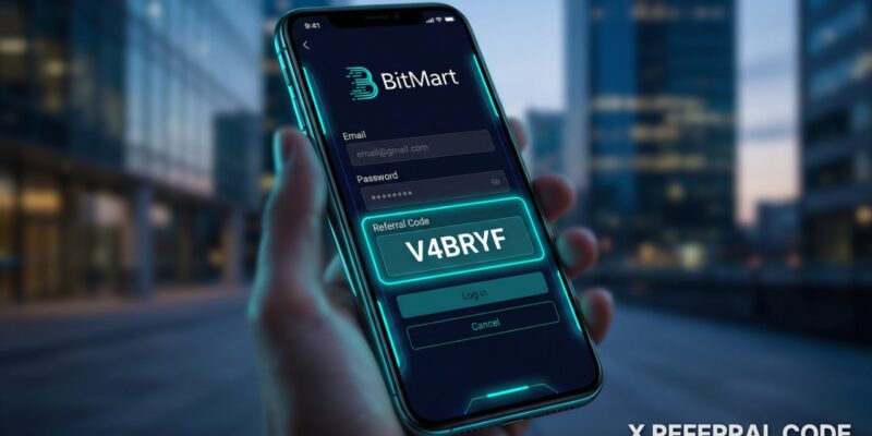 Giao diện trang đăng ký BitMart hiển thị ô nhập mã giới thiệu V4BRYF chuyên nghiệp.