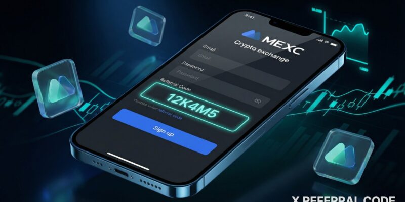 Ảnh chụp màn hình biểu mẫu đăng ký tài khoản MEXC với ô nhập mã giới thiệu 12K4M5 được làm nổi bật chuyên nghiệp.