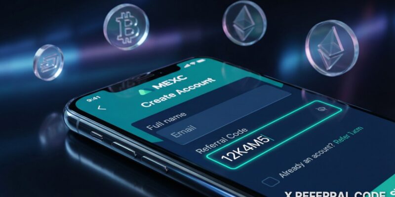 Giao diện trang đăng ký tài khoản sàn MEXC với ô nhập mã giới thiệu 12K4M5 hiển thị rõ ràng chuyên nghiệp.