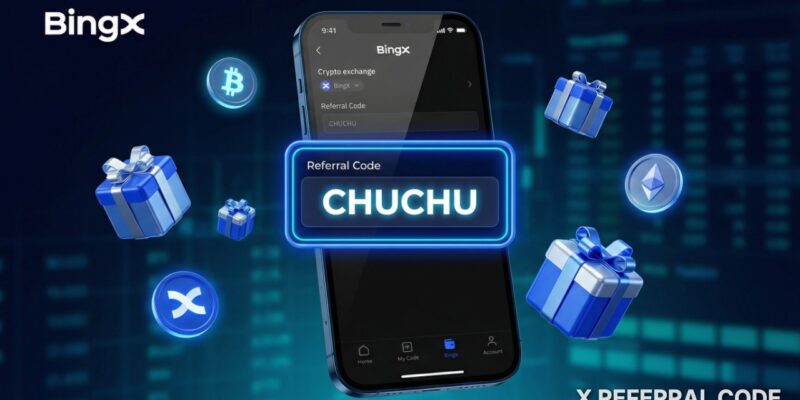 Giao diện đăng ký tài khoản BingX với ô nhập mã giới thiệu CHUCHU được làm nổi bật để nhận ưu đãi cực lớn.