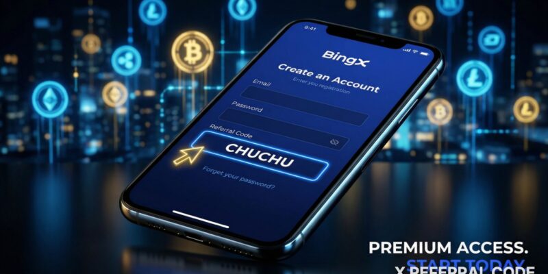Giao diện đăng ký tài khoản BingX với ô nhập mã giới thiệu CHUCHU được làm nổi bật chuyên nghiệp