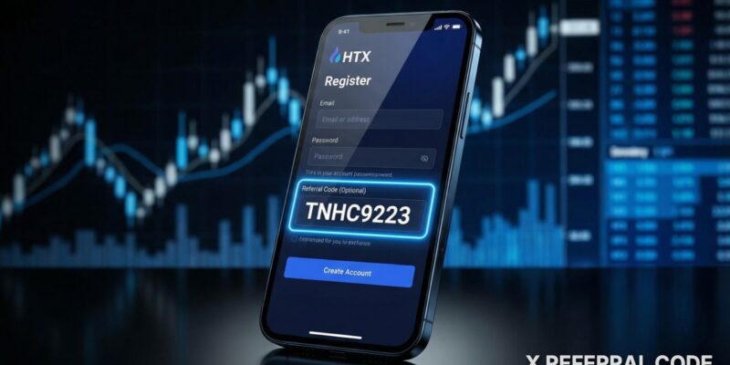 Giao diện đăng ký tài khoản HTX với ô nhập mã giới thiệu TNHC9223 được làm nổi bật