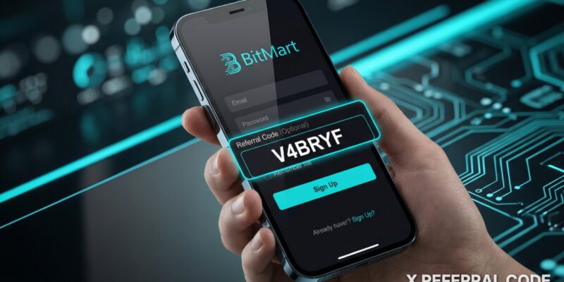 Màn hình đăng ký BitMart hiển thị ô nhập mã giới thiệu V4BRYF được làm nổi bật chuyên nghiệp