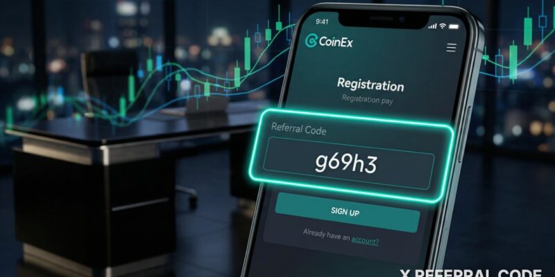 Giao diện đăng ký tài khoản CoinEx với ô nhập mã giới thiệu g69h3 được làm nổi bật chuyên nghiệp.