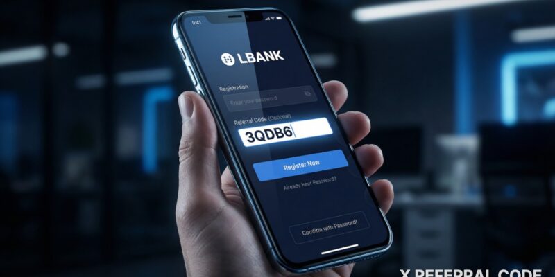 Giao diện màn hình đăng ký tài khoản LBank với mã giới thiệu 3QDB6 được nhập vào ô Referral Code.