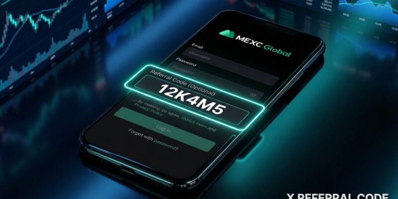 Giao diện màn hình đăng ký sàn MEXC hiển thị ô nhập mã giới thiệu 12K4M5 được khoanh vùng nổi bật