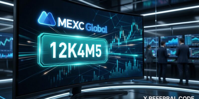 Logo MEXC Global và mã giới thiệu 12K4M5 được làm nổi bật trên giao diện chuyên nghiệp