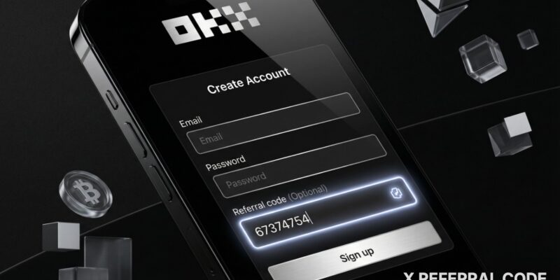 Giao diện trang đăng ký OKX với ô mã giới thiệu được đánh dấu chi tiết